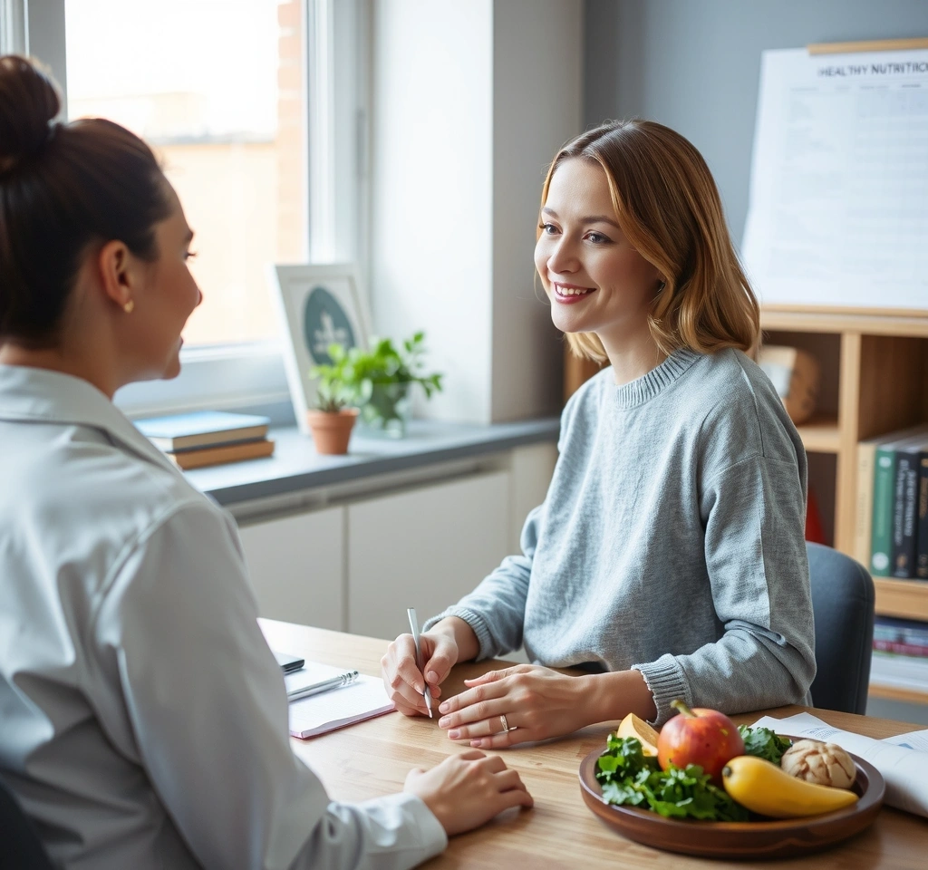 Dr. Maria Popescu în cabinetul NutriEchilibru, oferind consultație nutrițională